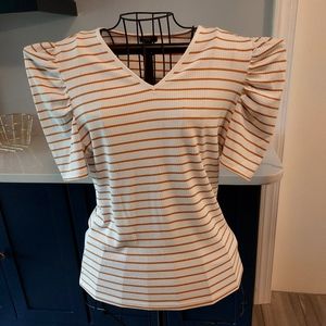 NWT Ann Taylor Blouse,White/Yellow Mustard stripes, Puff Short Sleeves Large P